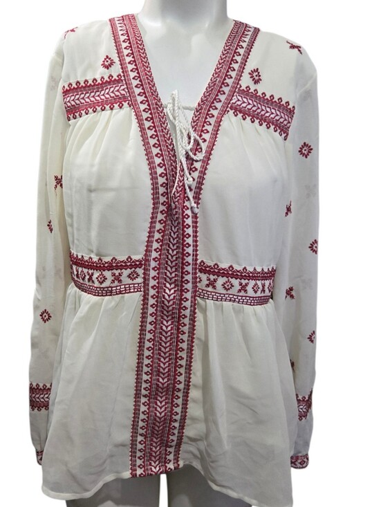 Topshop Tops - Topshop Embroidered Boho Peasant Blouse Red White Tie Front US 6